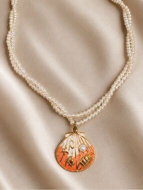 Double Strand Faux Pearl Shell Pendant Necklace – Coastal Beach Charm Necklace